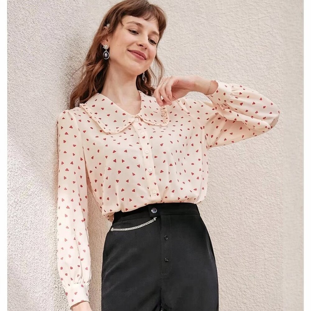 Y.SING Heart Print Ruffle Collar Blouse Size S Slim Fit Long Sleeve Button Front